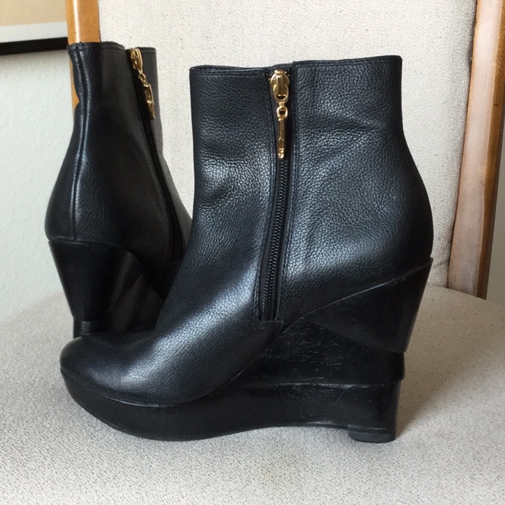 Black Leather Wedge Ankle Boots - Women's - Picture 4 of 8